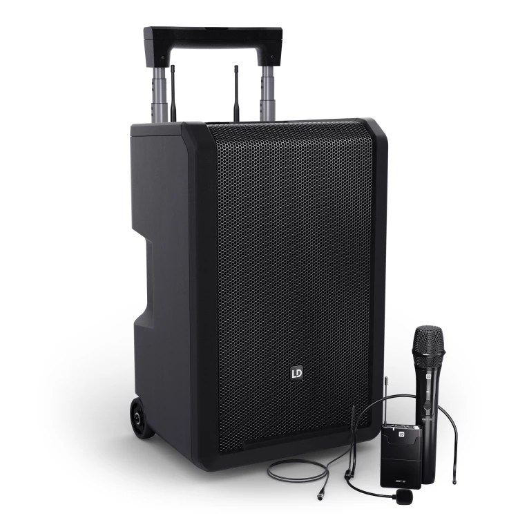 LD Systems ANNY 10 HBH 2 B5 głośnik Bluetooth PA z akumulatorem mikserem 1x mikrofonem bezprzewodowym i 1x mikrofonem nagłownym w tym nadajnik bodypack