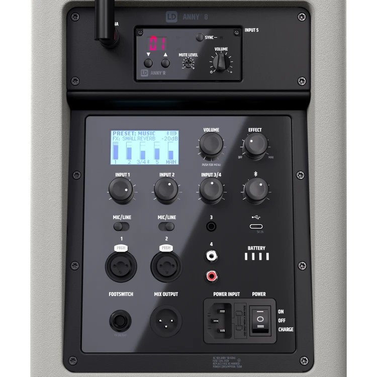 LD Systems ANNY 8 BPH B5 G głośnik Bluetooth® PA z mikserem i jednym mikrofonem nagłownym (wraz z body pack) Urban Grey