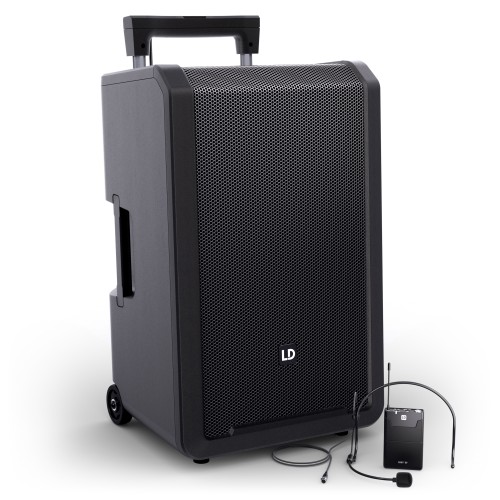 12″ przenośny system nagłośnieniowy (PA) Bluetooth® z zasilaniem akumulatorowym, mikserem i 1 × mikrofonem nagłownym ( z nadajnikiem typu bodypack)