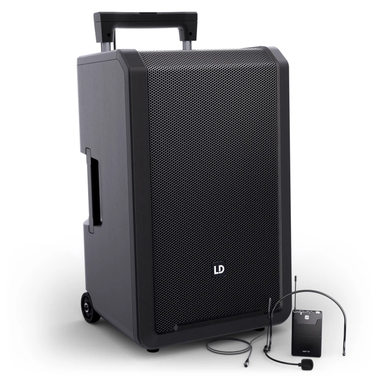 12″ przenośny system nagłośnieniowy (PA) Bluetooth® z zasilaniem akumulatorowym, mikserem i 1 × mikrofonem nagłownym ( z nadajnikiem typu bodypack)