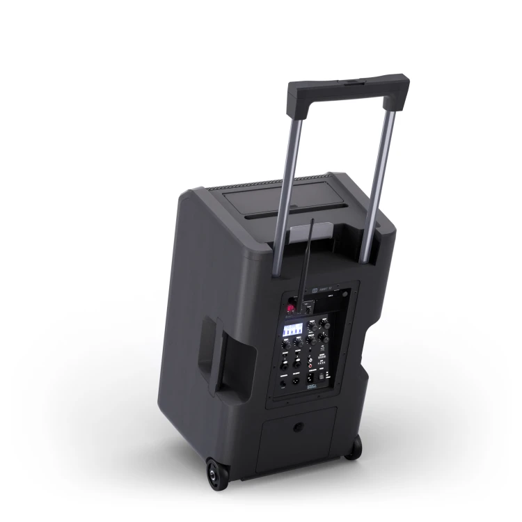 12″ przenośny system nagłośnieniowy (PA) Bluetooth® z zasilaniem akumulatorowym, mikserem i 1 × mikrofonem nagłownym ( z nadajnikiem typu bodypack)
