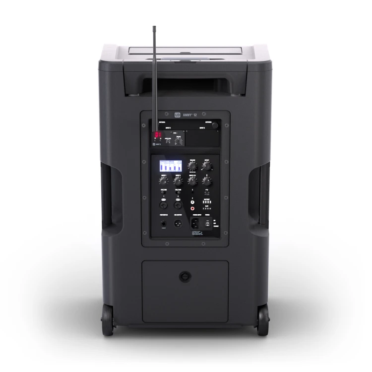 12″ przenośny system nagłośnieniowy (PA) Bluetooth® z zasilaniem akumulatorowym, mikserem i 1 × mikrofonem nagłownym ( z nadajnikiem typu bodypack)