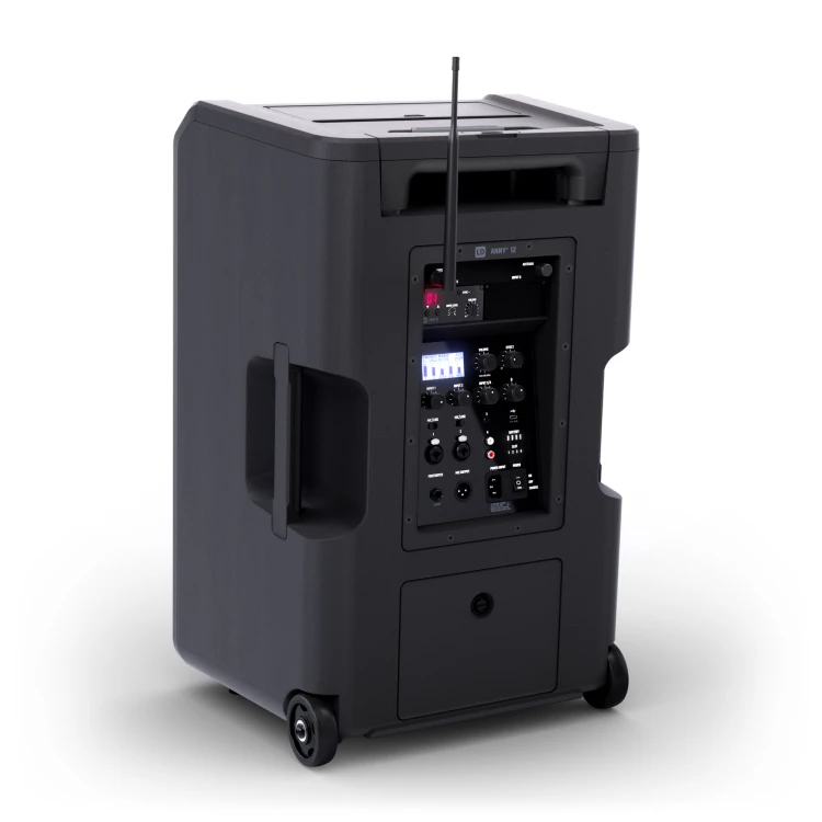 12″ przenośny system nagłośnieniowy (PA) Bluetooth® z zasilaniem akumulatorowym, mikserem i 1 × mikrofonem nagłownym ( z nadajnikiem typu bodypack)